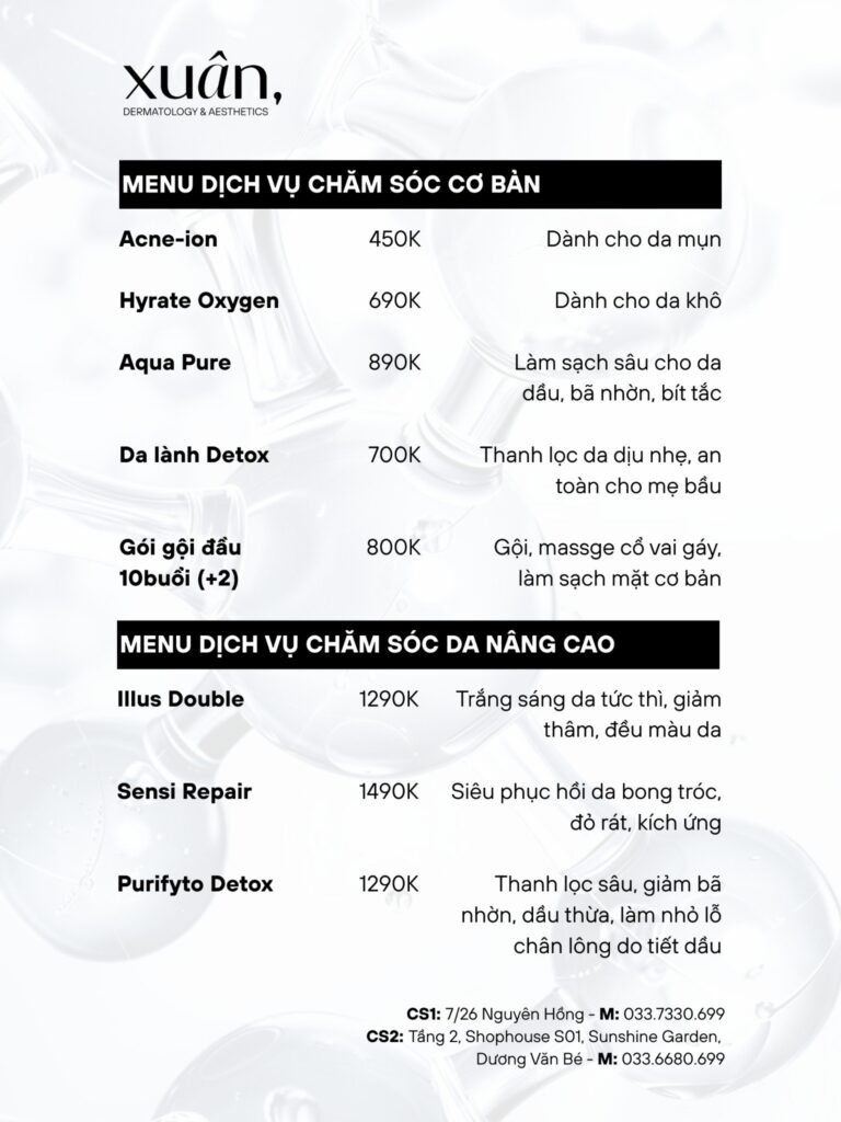 bảng giá dịch vụ chăm sóc da
